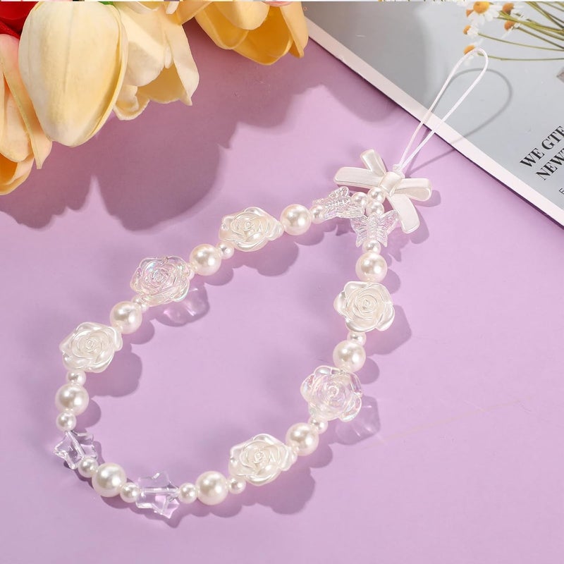 Ecally Store 3 Pcs Phone Charms Strap Camera Charm Strap Pearl Beaded Butterfly Bow Flower Cute Phone Wrist Lanyard Bracelet for Camera Keychain Wallet Decor Valentine Gifts - Image 3